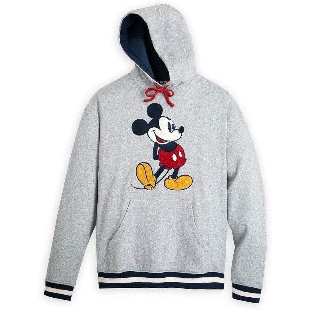 Mickey Mouse Hoodie Unisex L Gray Chenille Patch Striped Trim Athleisure  Retro